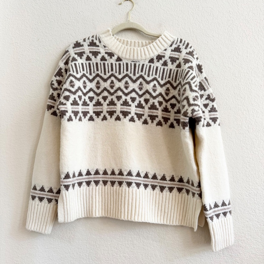 Cupcakes and Cashmere Womens Fair Isle Crewneck Pullover Sweater Cream Brown M